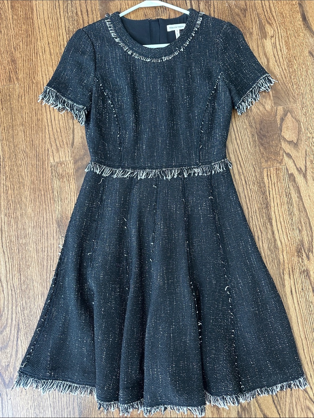 Rebecca Taylor Black Tweed Short-Sleeve Fringe Fit-and-Flare Dress